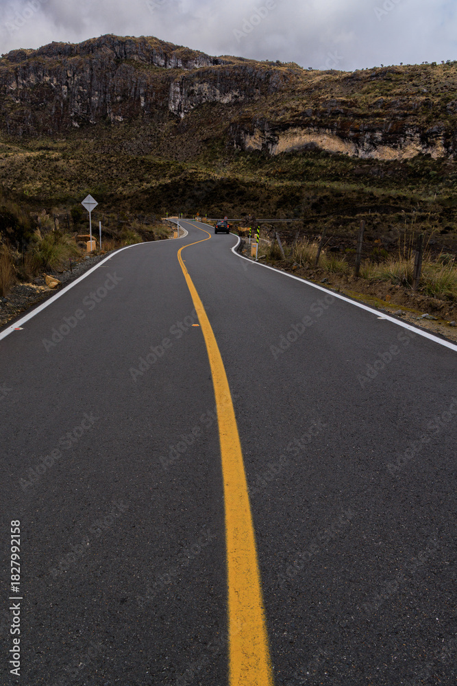 Naklejka premium Carretera de montaña con línea amarilla sinuosa, atravesando el paisaje de páramo andino y acantilados rocosos bajo un cielo nublado, con un vehículo en la distancia.