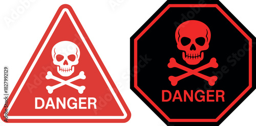danger, warning, skull and crossbones, Distinctive danger warning signs featuring a skull and crossbones symbol and the word danger, presented in red on white and black backgrounds.