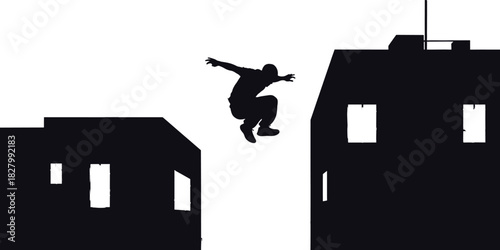 Silhouette of person jumping between dark buildings, silhouette, person, jumping, parkour, urban, city, buildings, rooftops, action, movement, extreme, sport, danger, risk, freedom, adventure, dynamic