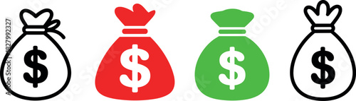 Four stylized money bags with dollar signs, money bag, dollar sign, finance, including black outline, red, green, and black outline versions, representing finance, wealth, and currency concepts.
