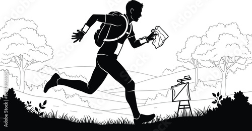 Silhouette runner with map in hilly landscape near orienteering marker, silhouette, runner, running, map, orienteering, sport, outdoor, nature, landscape, hills, trees, grass, bushes, marker, checkpoi