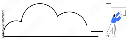 Cloud storage concept. A person uploads data into the symbolic cloud digital storage solutions. Cloud storage streamlines data transfer. For technology, data management, cloud computing, backup