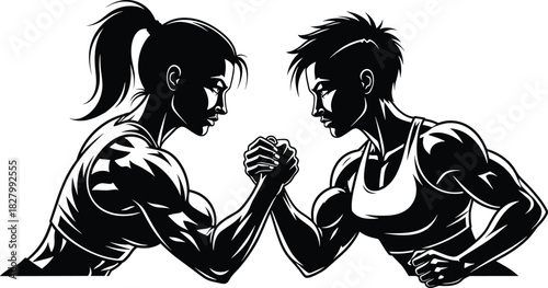 Two muscular people arm wrestling black and white illustration, arm wrestling, strength, competition, two people, man, woman, muscular, athletic, sport, challenge, power, grip, hands, black and white,