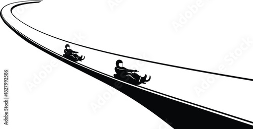 Two people sledding down a curved track toboggan winter sport, sledding, toboggan, winter sport, winter recreation, snow, ice, track, curve, slope, downhill, speed, motion, action, two people, silhoue