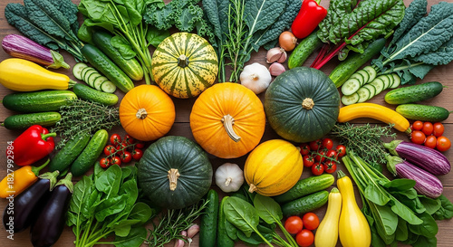 Colorful Harvest: Fresh Vegetables and Pumpkins Arranged on Wooden Surface