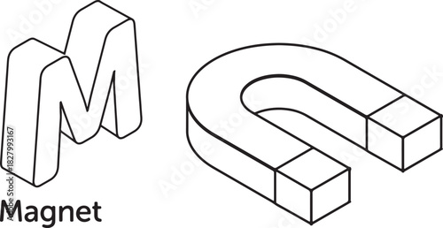 Isometric Letter M and Horseshoe Magnet Outline alphabet