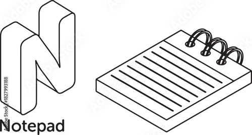 Isometric Letter N and Notepad Outline alphabet