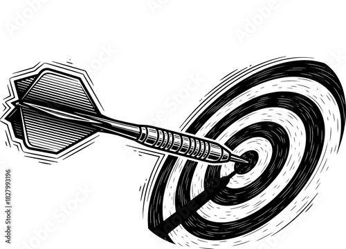 black and white illustration of a dart hitting the dartboard for professional dart tournament poster design