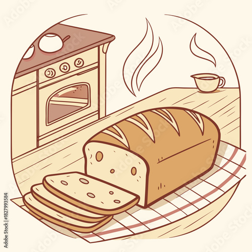 Freshly Baked Bread Loaf with Slices on a Table.