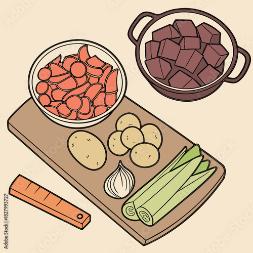 Ingredients for a hearty stew beef carrots potatoes leeks and garlic.