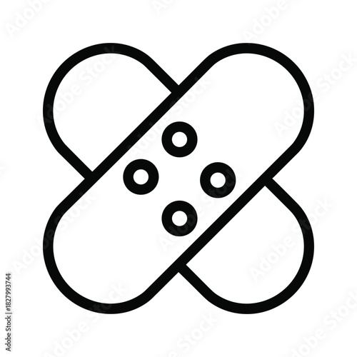 Simple line art icon of two crossed bandaids, symbolizing first aid and medical care, isolated on