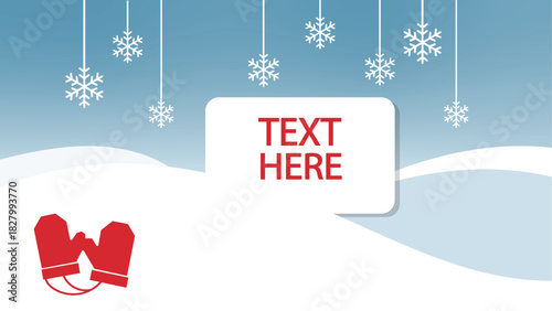 Minimal Christmas Winter Background with Hanging Snowflakes and Red Mittens Illustration