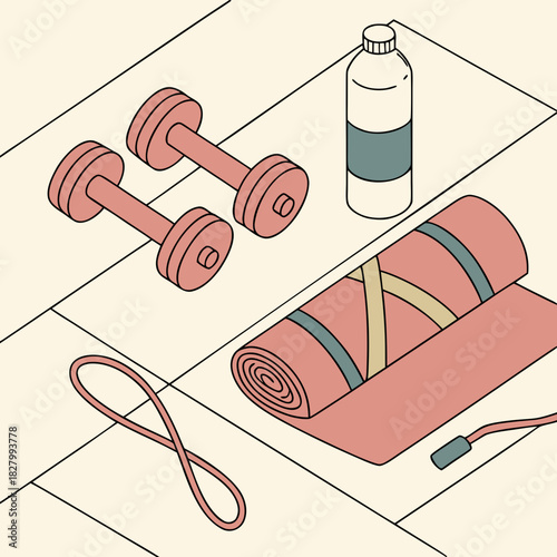 Isometric view of fitness equipment including dumbbells yoga mat water bottle and resistance band.