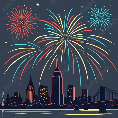 New York City skyline with fireworks celebration.