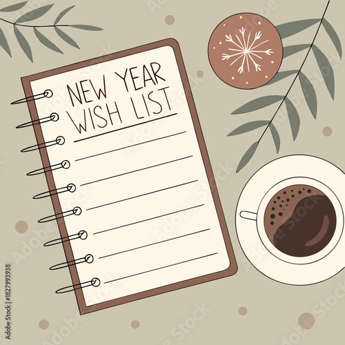 Notebook with Now Wish Art It text coffee cup and cookie.