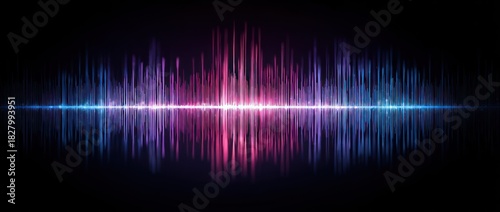 Abstract sound wave visualization with blue, purple, and red hues. Center line light. Dark background