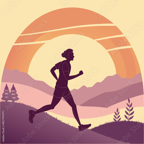 Silhouette of a Focused Runner Training Outdoors at Sunset.