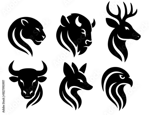 Animal heads collection shows strong shapes and expressive contours. Each head is stylized with smooth bold curves. The silhouettes have very high quality
