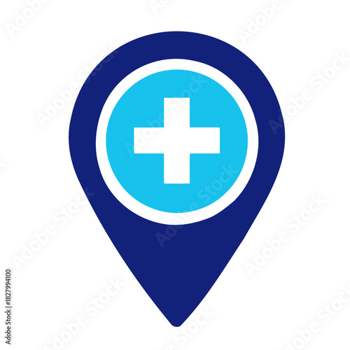 Vector icon of blue map pointer with medical cross