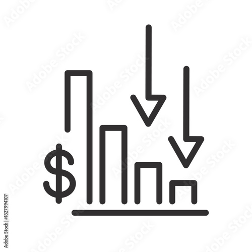 icon of reduction of financial reserves, cost reduction, thin line vector illustration