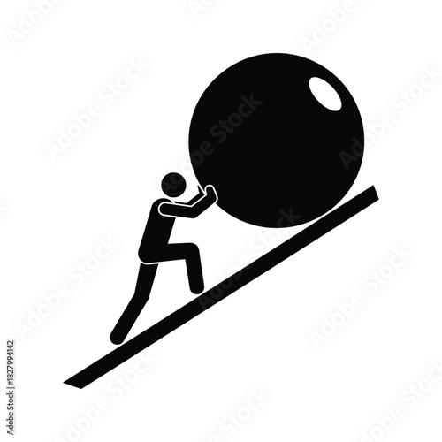 Black icon of a man pushing a large ball up a steep slope, symbolizing hard work and challenge, isolated on