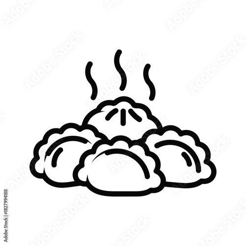 Outline illustration of a pile of hot steamed dumplings and buns, a popular dish in asian cuisine and dim sum