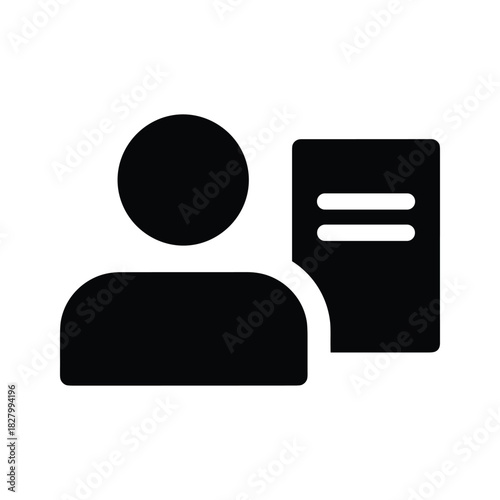Simple black silhouette icon of a person next to a document, representing user profile, account details, or personal records