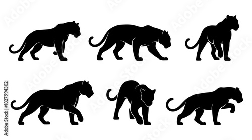 Leopard silhouettes display dynamic leaping and stalking poses with strong body lines. Each figure emphasizes power and fluid movement. The silhouettes have very high quality