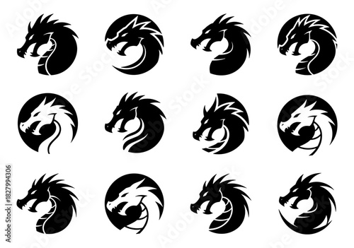 Dragon head logos show bold curves and strong mythical shapes. Each emblem highlights sharp details and powerful expression. The set creates a unified fantasy style