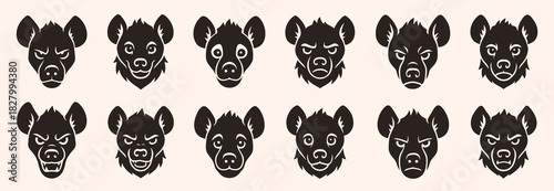 Hyena head with expressive muzzle and sharp eyes. The silhouette shows characteristic features and bold contrast