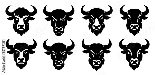 Bison head with massive horns and dense fur. The silhouette highlights strength and characteristic features. The artwork presents clear lines and balanced proportions