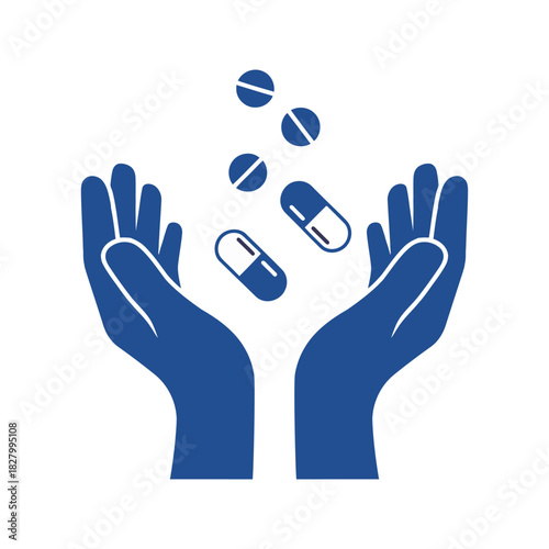 Vector icon of hands holding pills and capsules for health care