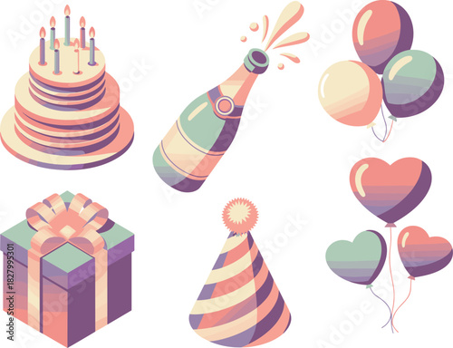 Isometric Birthday Party Celebration Elements Set.