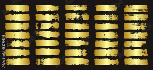 Golden brush strokes, lines, ink smudges, hand-drawn scribble shapes. Handmade sketchy marks, acrylic stains, charcoal streaks. Paint textures, dry brush effect. Marker underline. Vector illustration