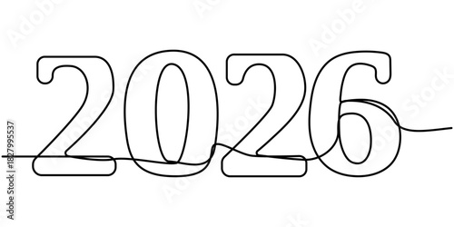 Continuous one line drawing new year balloon 2026 in a flowing script style vector, 2026 sign - decoration  outline hand drawing sign for year calendar. Vector stock illustration minimalism. 