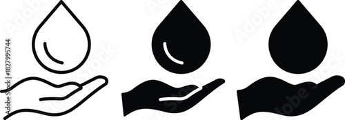 Hand Holding Water Drop Purity Care and Conservation Symbol Icons Vector Silhouette and Pictogram..eps