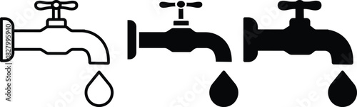 Leaking Water Faucet Tap Drop Conservation Plumbing Fixture Icons Vector Silhouette and Pictogram..eps