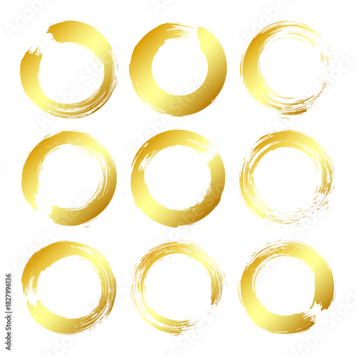 Golden grunge circles, brush strokes, lines, ink smudges, hand-drawn scribble shapes. Handmade sketchy marks, acrylic stains, charcoal streaks. Paint textures, dry brush effect. Vector illustration