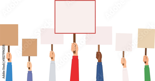 Diverse group of hands holding blank protest signs, symbolizing collective voices and unity in a demonstration for change and expressing demands