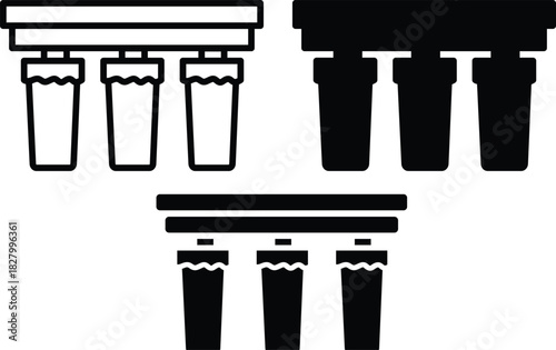 Three Stage Water Filter System Purification and Cartridge Unit Icons Vector Silhouette and Pictogram..eps