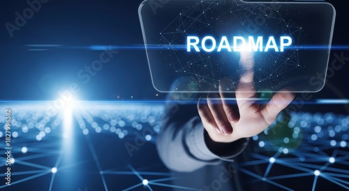 Business technology roadmap with futuristic digital interface and glowing connections symbolizing future planning strategy