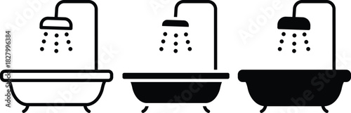Shower Running Above Bathtub Hygiene and Bathroom Fixture Icons Vector Silhouette and Pictogram..eps