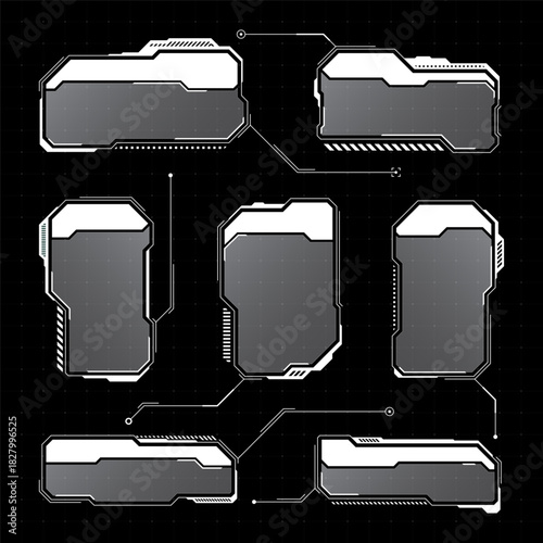 White futuristic HUD, UI elements. Sci-fi user interface text boxes, callouts. Warning message frames, information boxes template. Modern game interface layout in digital style. Vector illustration