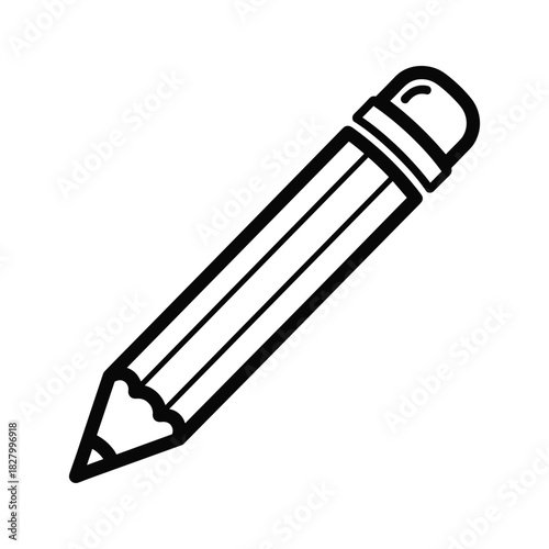 Simple black and white outline drawing of a wooden pencil with an eraser, isolated on