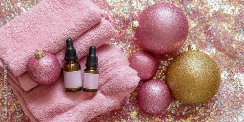 Luxurious spa composition with soft pink towels, golden and pink Christmas ornaments, and a perfume bottle. A festive and elegant flat lay blending holiday and relaxation themes.