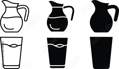 Water Pitcher Jug and Drinking Glass Beverage Container Icons Vector Silhouette and Pictogram..eps