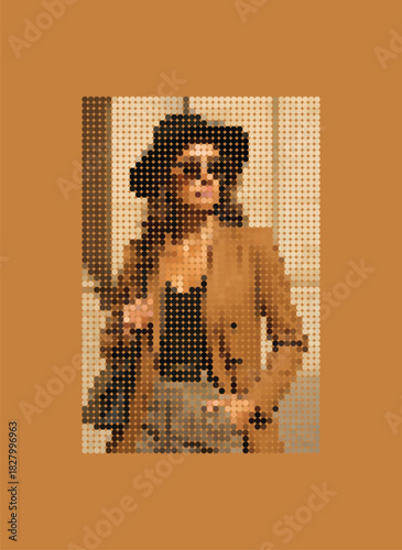 Stylish Halftone Portrait: Woman with Hat and Sunglasses in Brown Tones, Retro Dot-Matrix Art for Fashion, Digital Media, and Print