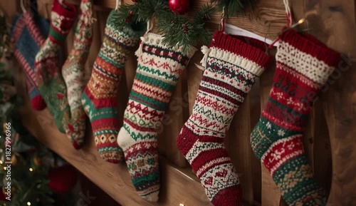 Christmas Eve and Happy new year concept, Colorful knitted stockings adorn a wooden staircase, each unique in design. Warm fairy lights twinkle softly, a cozy holiday time, created with generative ai