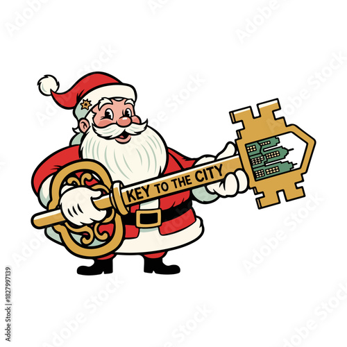 Vintage Santa Claus Holding Key to the City, Retro Cartoon Illustration in 1950s Style