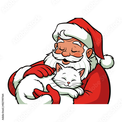 Vintage Santa Claus with White Cat Cartoon Illustration